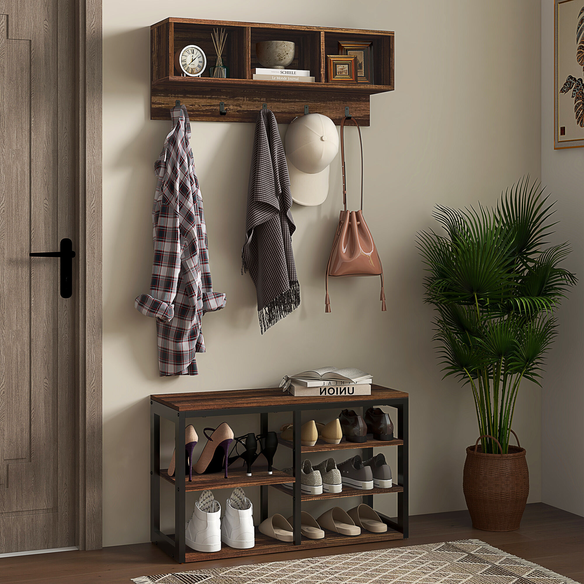 Coat Rack Shoe Rack Combo Coat Racks HOMCOM 2-in-1 Coat Rack Shoe Bench Set, 5-Hook Hall Tree ...