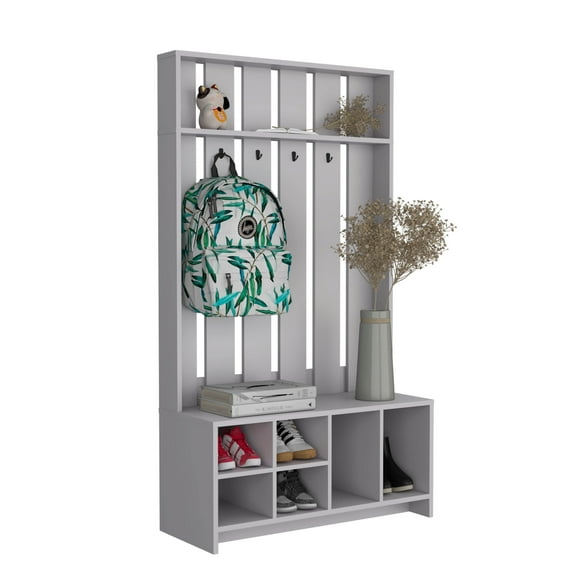Coat Racks, Hall Tree with 7 Shelves, Smokey Gray, Gray Wooden Coat Racks,Engineered Wood Metal Coat Racks, Furniture Primary Living Space Coat Racks Hall Tree with 7 Shelves, Smokey Gray