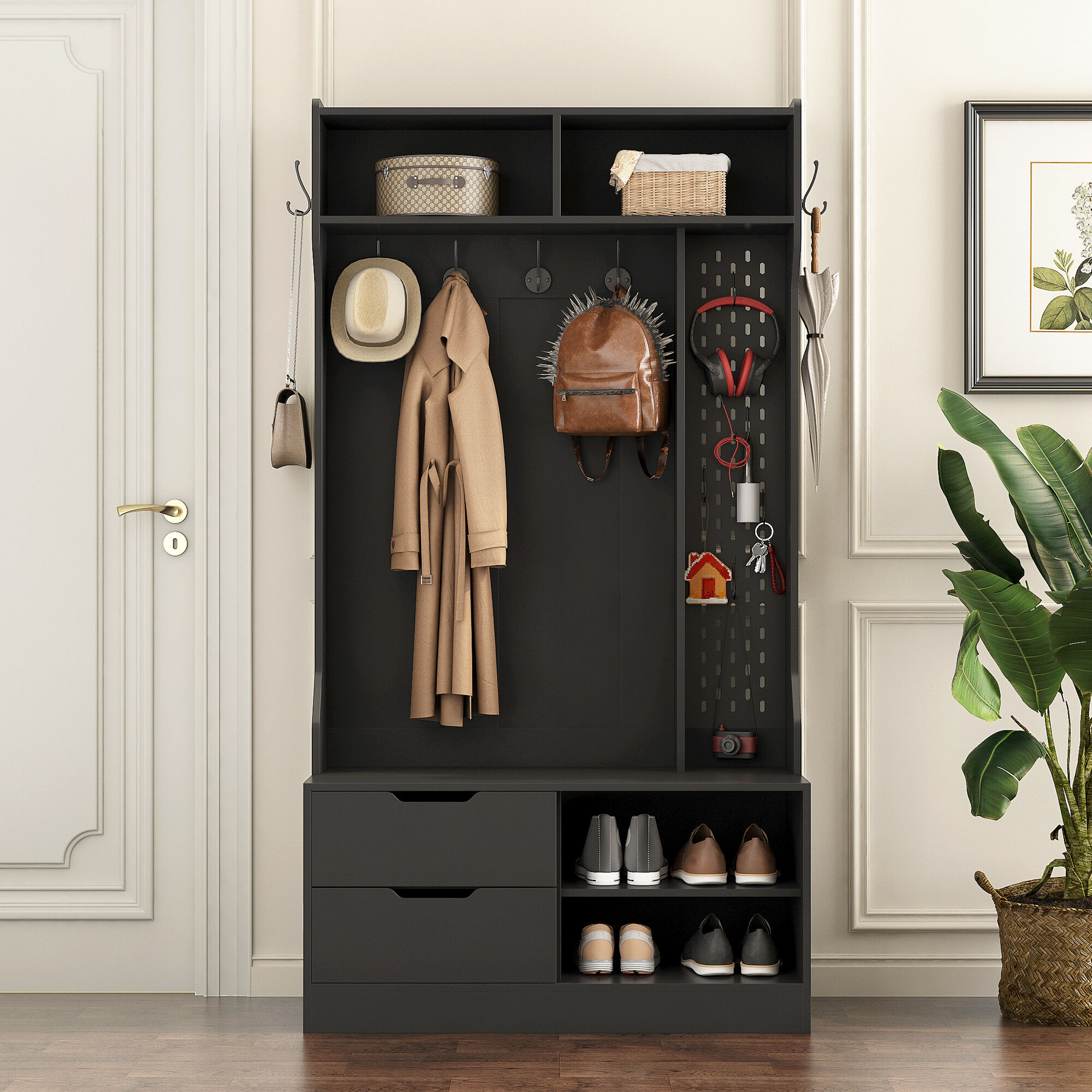 Coat Racks Hall Tree with 6 Hooks,Coat Hanger, Entryway Bench, Storage