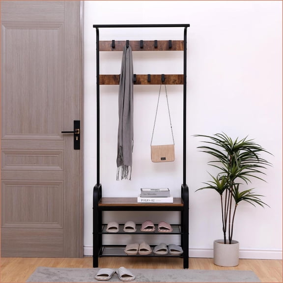 Coat Racks, Rustic 4-in-1 Hall Tree with Shoe Bench, 9 Hooks & Hanging Rod | Brown | MDF+Metal