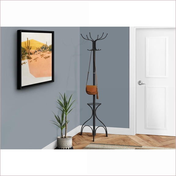 Coat Racks, Transitional Black Metal Free Standing with 12 Hooks & Umbrella Holder, 70"H | Black | Metal