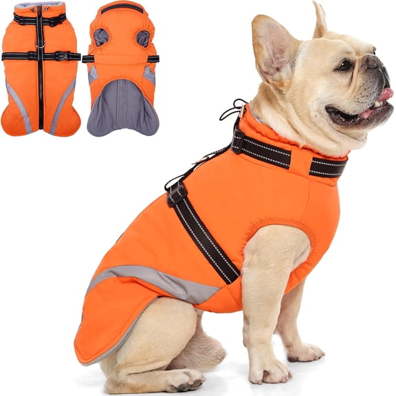 Coat for Small Dogs,   Jacket with Built-in Harness, Puppy Cold Weather Coats Reflective Vest, Windproof Warm Fleece Snowsuit Winter Coat for Chihuahua, Yorkie, Orange,