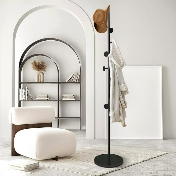 Coat Tree Freestanding, Metal Coat Rack Tree with 8 Hooks, Free Standing Hanger for Hats Scarves Purses Umbrellas, Coat Stands with Stable Base for Entryway Bedroom, Black