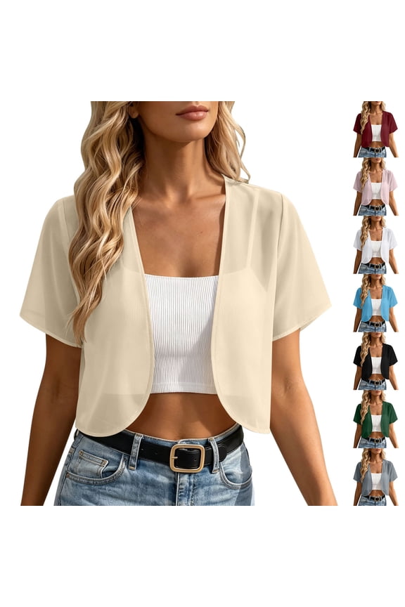 Coat With Pockets Ideal for Camping Women's Solid Color Chiffon Short Sleeved Front Breathable Top Cardigan Jacket Wine L