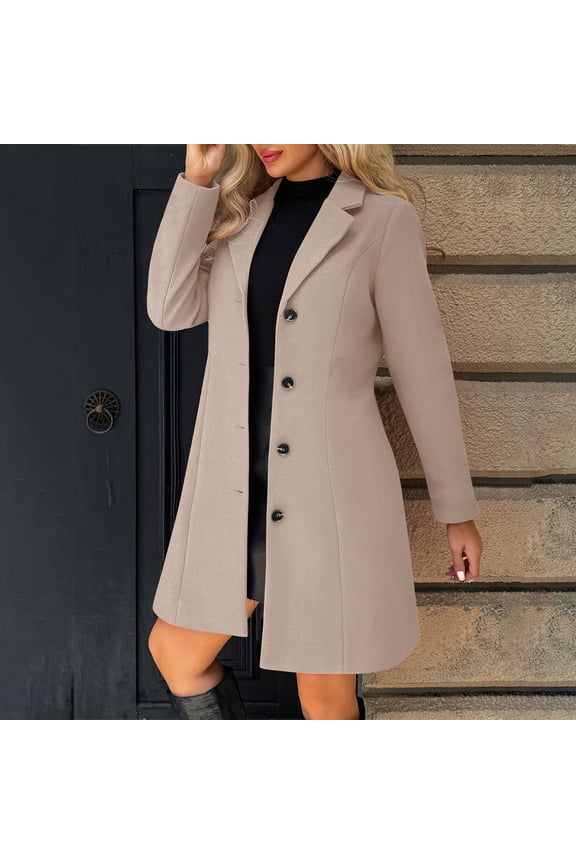 Coat Women Plus Size, Women's Solid Casual Thicken Wool Stand Collar Inner Lining Pocket Breasted Pea Mao Coat, Outerwear Women, Khaki-S