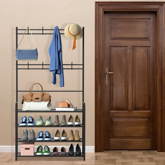 Coat and Shoe Rack Shoes Shelf, Hall Tree with 4/5-Tier Shoe Rack, 16 Pairs Shoes for Home Entryway, Bedroom, Cloakroom, 8 Hooks