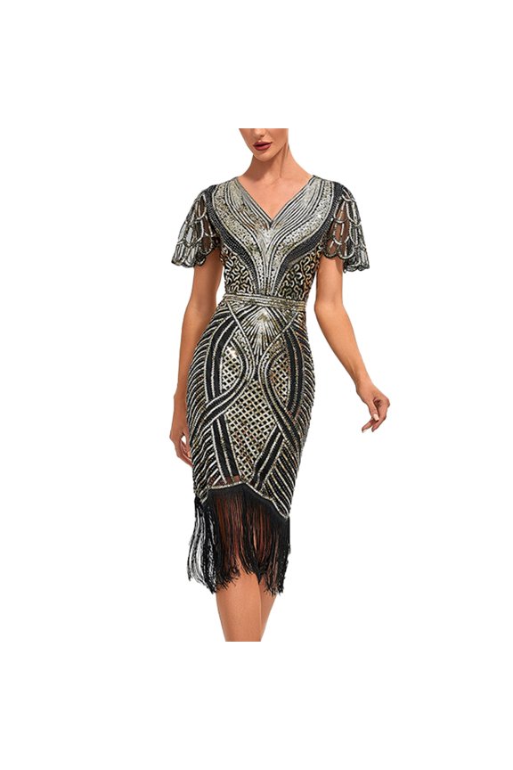 Coat for Women 1920s Flapper Party Dress Set with Knee Length Sequined Dress and Tassels Hem Accessories