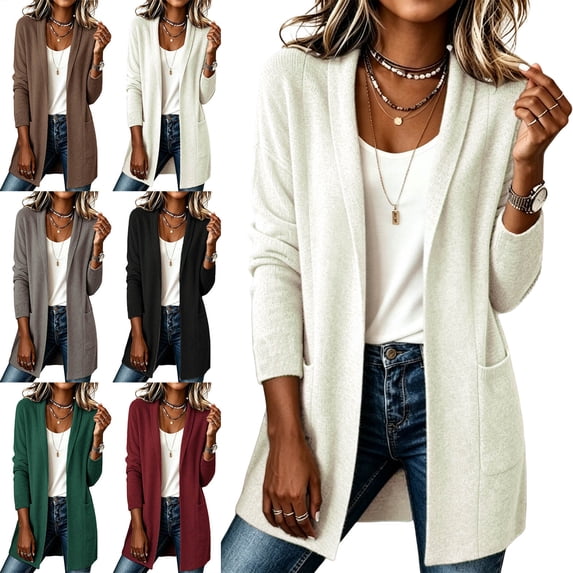 Coat for Women Casual Mid Length Long Sleeved with Pocket Cardigan Jacket