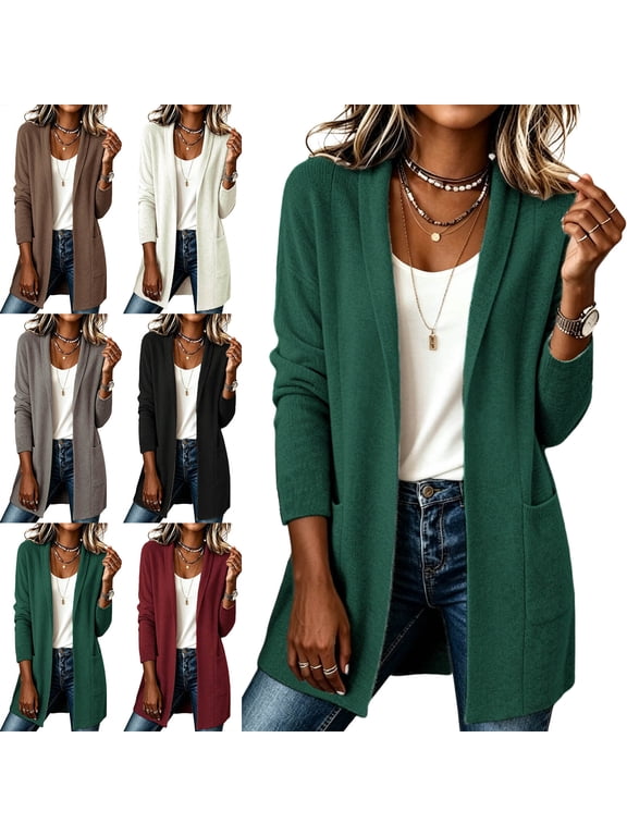 Coat for Women Casual Mid Length Long Sleeved with Pocket Cardigan Jacket
