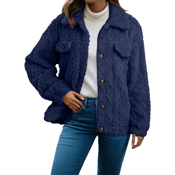 Coat for Women, Yigetop Winter Fleece Heating 2025 Jacket for Women Button Down Stand Collar with Pockets Coats Winter Jackets for Women Navy L