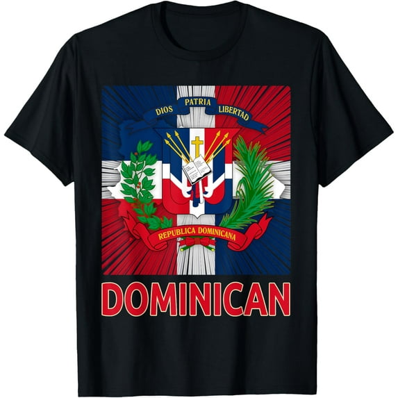 Coat of Arms Republica Dominicana & Dominican Flag Outfit T-ShirtMen and women, Black T-shirt, size: Extra large S-4XL
