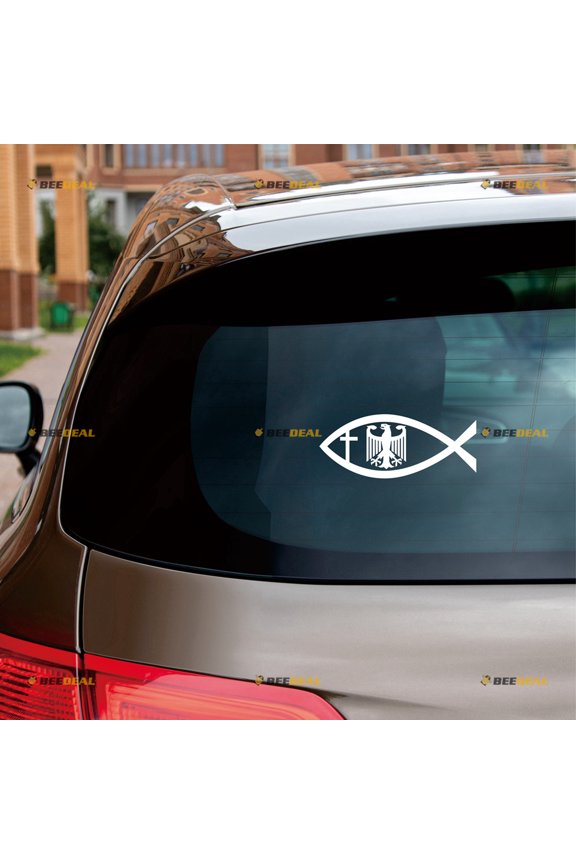Coat of Arms of Germany German Flag Jesus Fish Cross Car Sticker Decal Vinyl - 2 Pack White 4" - For Car Boat Laptop Cup No Background Die-cut