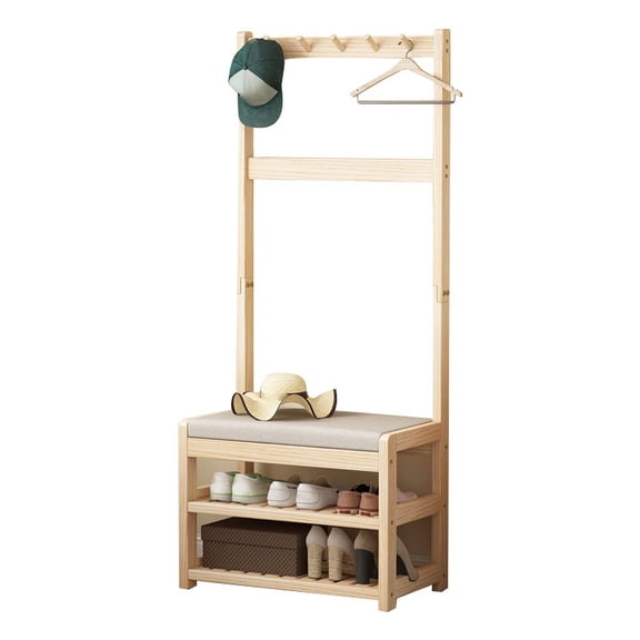 Coat rack with bench, wardrobe made of solid wood, upholstered, freestanding hallway coat rack, hooks and shoe rack for entrance area, hallway, bedroom, living room