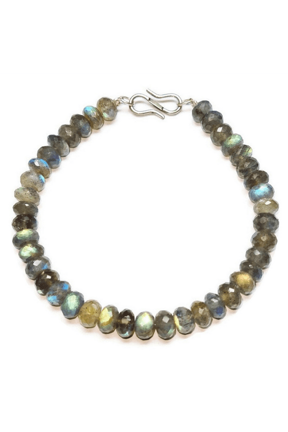 Coated Labradorite 8mm Rondelle Shape Faceted Cut Beads 7 inch Silver Plated Clasp Bracelet for men, women, unisex. Link Chain Stacking Bracelet.|LINK_02255