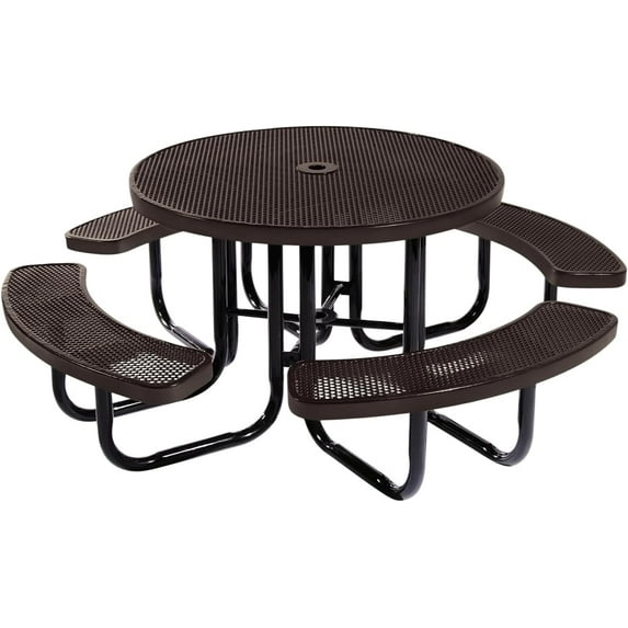 Coated Outdoor Furniture Brown Portable Picnic Table, Punched Steel, Made in USA (46" Round Top)