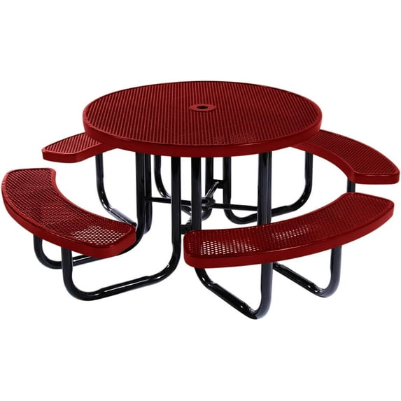 Coated Outdoor Furniture Burgundy Portable Picnic Table, Punched Steel, Made in USA (46" Round Top)