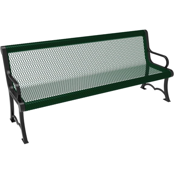 Coated Outdoor Furniture Heavy-Duty Outdoor Bench Thermoplastic Coated, Expanded Metal, Commercial-Grade Garden Bench, Made in America (Portable with Back, 6 Ft, Green)