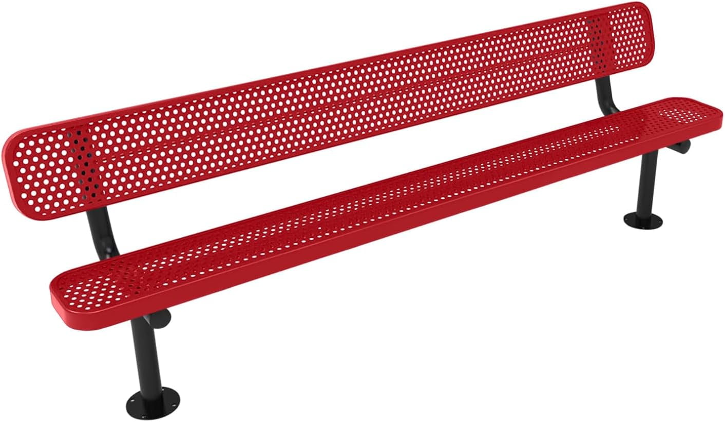 8FT Textured Red Steel Outdoor Bench with Back