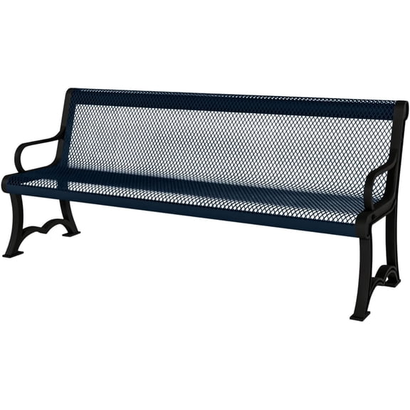 Coated Outdoor Furniture Heavy-Duty Outdoor Bench Thermoplastic Coated, Expanded Metal, Commercial-Grade Garden Bench, Made in America (Portable with Back, 4 Ft, Dark Blue)