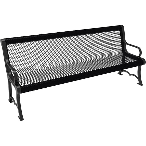 Coated Outdoor Furniture Heavy-Duty Outdoor Bench Thermoplastic Coated, Expanded Metal, Commercial-Grade Garden Bench, Made in America (Portable with Back, 6 Ft, Black)