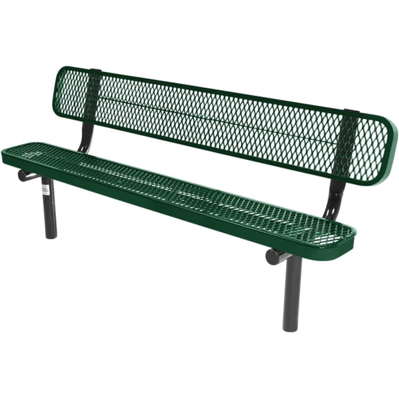 Coated Outdoor Furniture Heavy-Duty Outdoor Bench Thermoplastic Coated, Expanded Metal, Commercial-Grade Seating, Made in America (Inground with Back, 6 Ft, Green)