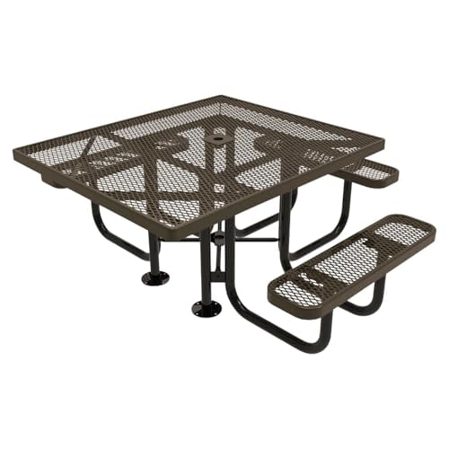 Coated Outdoor Furniture Heavy-Duty Portable ADA-Compliant Outdoor Picnic Table with Umbrella Hole, Expanded Metal Patio Dining Furniture Made in America (46" Square Top, Textured Brown)