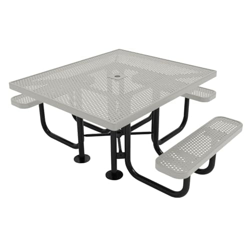 Coated Outdoor Furniture Heavy-Duty Portable ADA-Compliant Outdoor Picnic Table with Umbrella Hole, Punched Steel Patio Dining Furniture Made in America (46" Square Top, Grey)