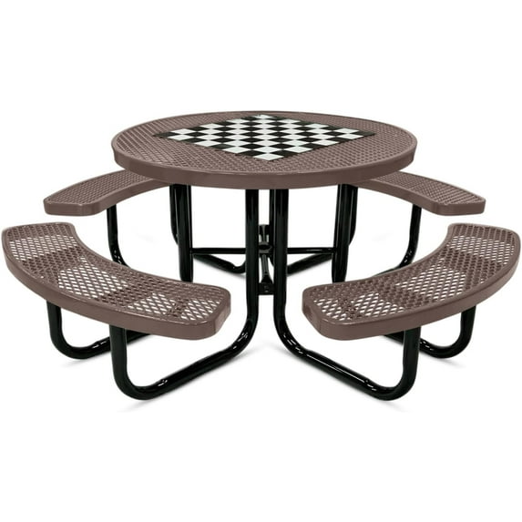 Coated Outdoor Furniture Heavy-Duty Portable Outdoor Picnic Table with Umbrella Hole, Expanded Metal Commercial-Grade Patio Dining Furniture Made in America (46" Round Game-Top, Brown)