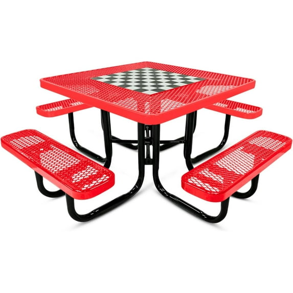 Coated Outdoor Furniture Heavy-Duty Portable Outdoor Picnic Table with Umbrella Hole, Expanded Metal Commercial-Grade Patio Dining Furniture Made in America (46" Square Game Top, Red)
