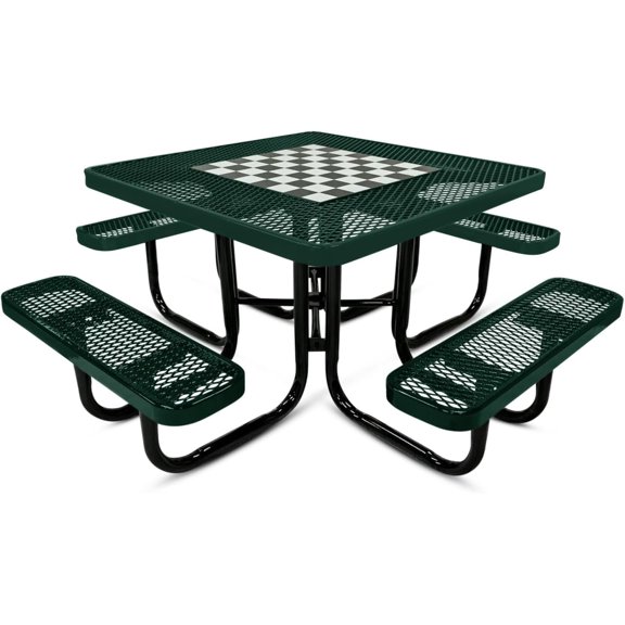 Coated Outdoor Furniture Heavy-Duty Portable Outdoor Picnic Table with Umbrella Hole, Expanded Metal Commercial-Grade Patio Dining Furniture Made in America (46" Square Game-Top, Dark Green)