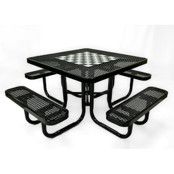 Coated Outdoor Furniture Heavy-Duty Portable Outdoor Picnic Table with Umbrella Hole, Expanded Metal Commercial-Grade Patio Dining Furniture Made in America (46" Square Game-Top, Black)