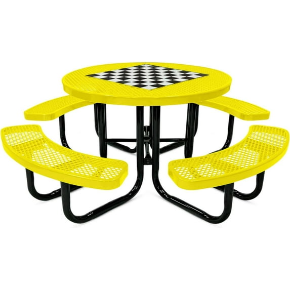 Coated Outdoor Furniture Heavy-Duty Portable Outdoor Picnic Table with Umbrella Hole, Expanded Metal Commercial-Grade Patio Dining Furniture Made in America (46" Round Game-Top, Yellow)