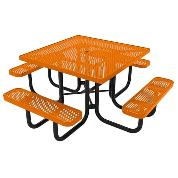 Coated Outdoor Furniture Heavy-Duty Portable Outdoor Picnic Table with Umbrella Hole, Punched Steel Commercial-Grade Patio Dining Furniture Made in America (46" Square Top, Orange)