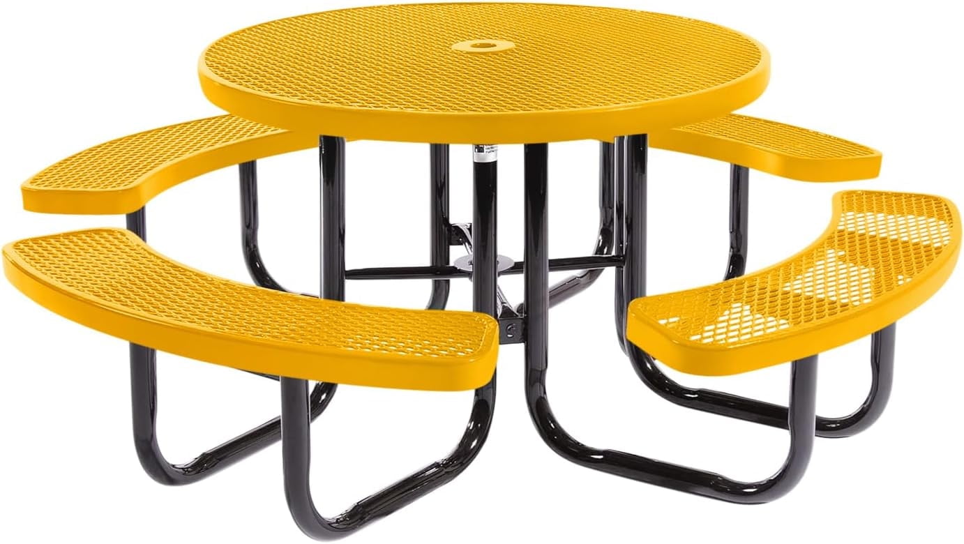 46" Yellow Expanded Metal Round Picnic Table with Black Steel Frame