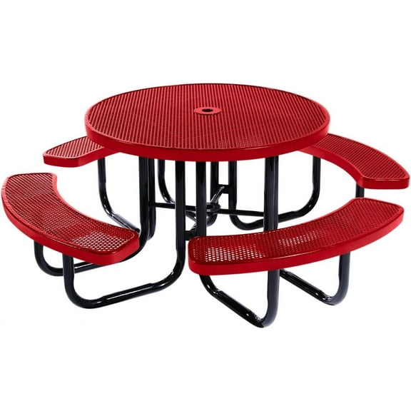 Coated Outdoor Furniture Red Portable Picnic Table, Punched Steel, Made in USA (46" Round Top)