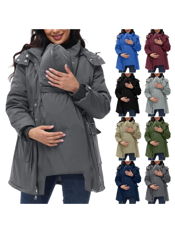 Coats For Women Hooded Jackets Maternity Baby Keep Warm Thicken Quilted Lined 3 In 1 Winter Coat Puffer Down Parka With Pockets Maternity Jackets