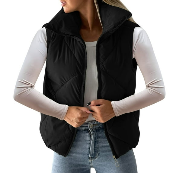 Coats For Women Pockets Full Zip Long Sleeve Quilted Jacket Short Bubble Vest S Womens Clothing