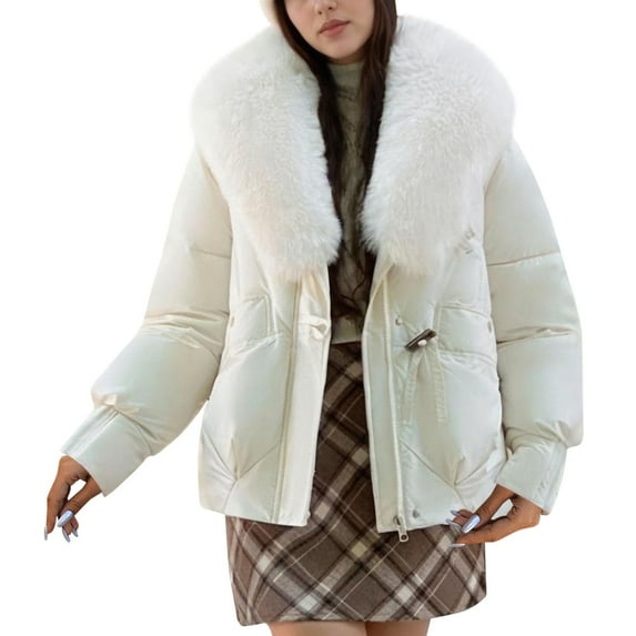 Coats For Women Sevevn Womens Quilted Puffer Jackets Zip up Furry Collar Hooded Short Winter Coat with Pockets