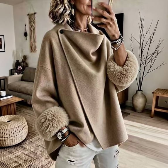 Coats For Women Short Fuzzy Cuff Draped Collar Loose Fit Outerwear Solid Color Long Sleeve Casual Jacket For Fall Winter