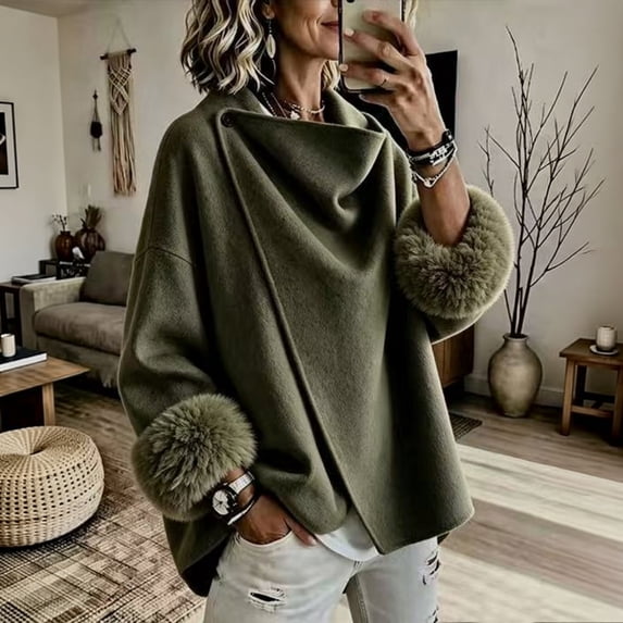 Coats For Women Short Fuzzy Cuff Draped Collar Loose Fit Outerwear Solid Color Long Sleeve Casual Jacket For Fall Winter
