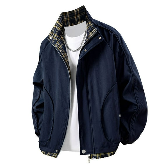 Coats for Men Plus Size Long Sleeve Plaid Stand-up Collar Button Zipper Pocket Double Penetration Solid-Color Casual Outwear Windbreaker Jacket,Mens Tops Blue XL