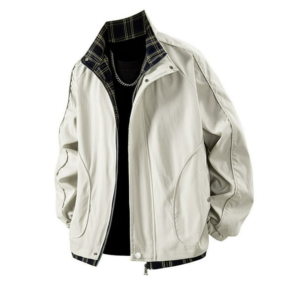 Coats for Men Plus Size Long Sleeve Plaid Stand-up Collar Button Zipper Pocket Double Penetration Solid-Color Casual Outwear Windbreaker Jacket,Mens Tops White XL