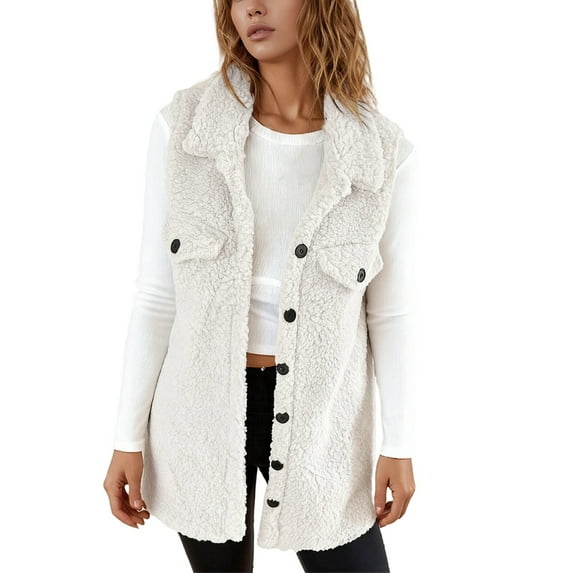 Coats Plus Size for Women Loose Sleeveless Fleece Vest Button Front Faux Shearling Outwear,White,XL