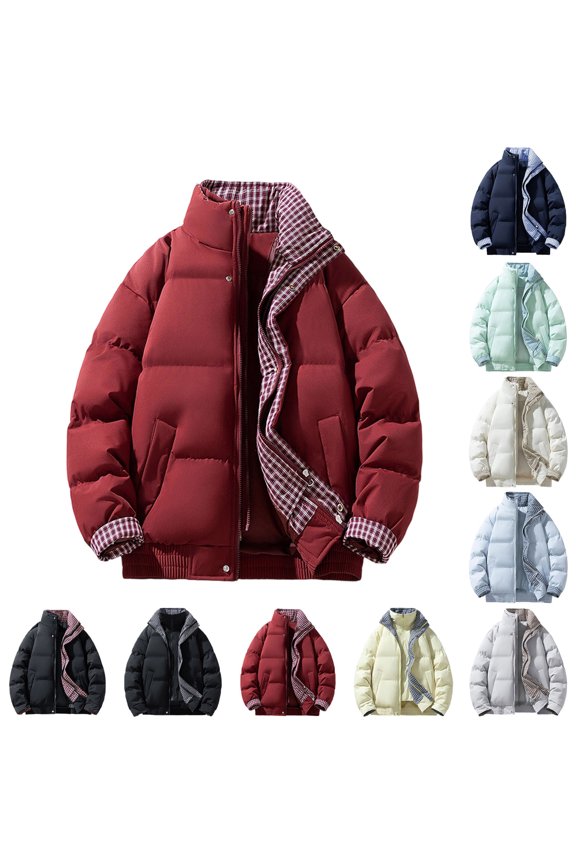 Coats Puffer Jacket for Men Warm Winter windproof Plaid Lined Stand Collar Puffer Jacket Full Zip Up Button Windproof Quilted Winter Coat with Contrast Plaid Cuffs and Inner Collar