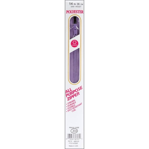 Coats Thread & Zippers All-Purpose Plastic Zipper, 14-Inch, Violet