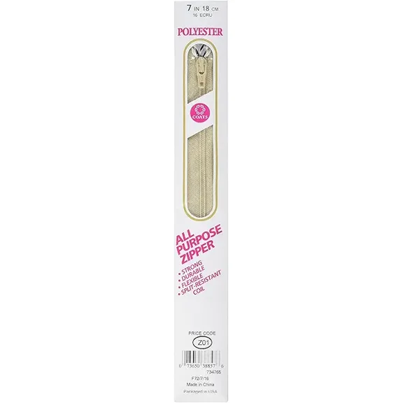 Coats Thread & Zippers F2107-016 All-Purpose Metal Zipper, 7", Ecru