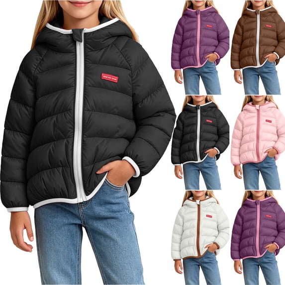 Coats With Hooded Kid Girls Hooded Puffer Jacket Color Block Zip Up Windproof Casual Warm Outerwear Coat for Kids Black 7-8 Years