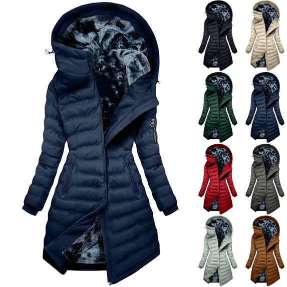 Coats for Women Casual Loose Fleece Lined Long Quilted Asymmetric Zipper Hooded Slim Fit Windproof Warm Winter Parka Puffer Jacket with Multi Zipper Pockets