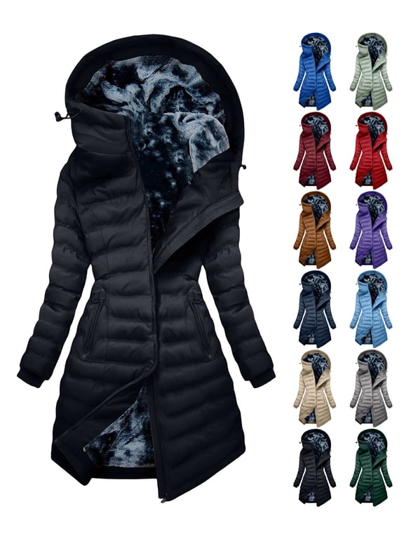 Coats for Women Casual Loose Fleece Lined Long Quilted Asymmetric Zipper Hooded Slim Fit Windproof Warm Winter Parka Puffer Jacket with Multi Zipper Pockets