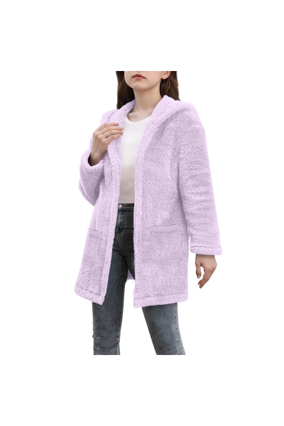 Coats for Girls Solid Color Long Sleeved Hooded Cardigan with Pockets Casual Tween Girls Jacket
